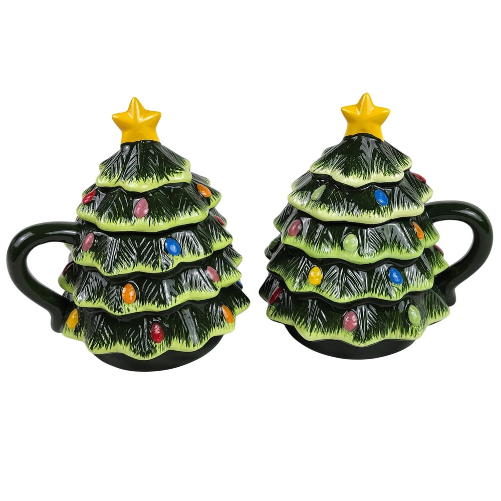 Mr. Christmas Lidded Tree Mugs 16 oz Green Hand Painted Ceramic‎ Nostalgic 2 pc
